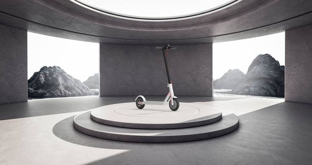 Minimalism Architecture Interior with White Modern Eco Electric Kick Scooter over Product Presentation Podium and Mountains extreme closeup. 3d Rendering  - Zdjęcie, obraz