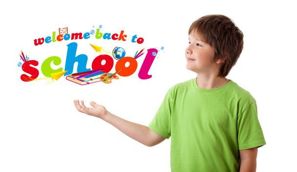 Boy looking with back to school theme isolated on white - Valokuva, kuva
