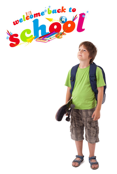Kid with back to school theme isolated on white - Photo, Image