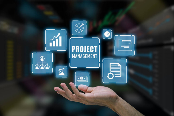 project management.Project managers streamline tasks and progress progress planning with company chart scheduling interface. - Fotoğraf, Görsel