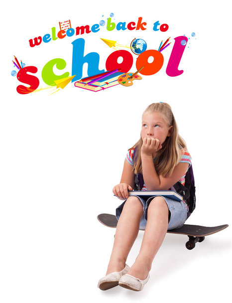 Girl on skateboard with back to school theme isolated on white - Photo, Image
