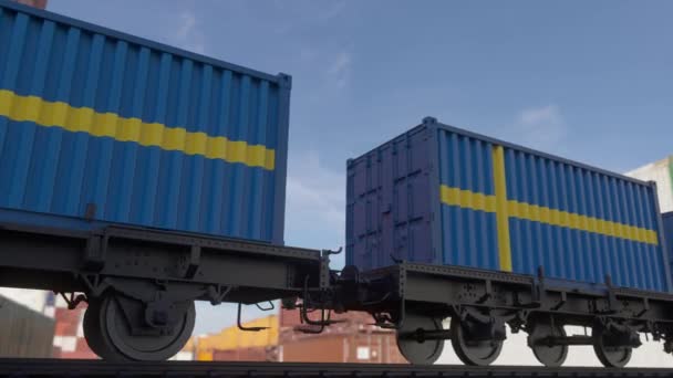 Поезд и контейнеры с флагом Швеции. Железнодорожный транспорт. - Кадры, видео