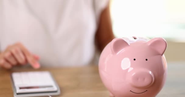Mujer cuenta los gastos en calculadora y enchufe eléctrico con alcancía rosa. Tarifas eléctricas y subidas de precios - Metraje, vídeo