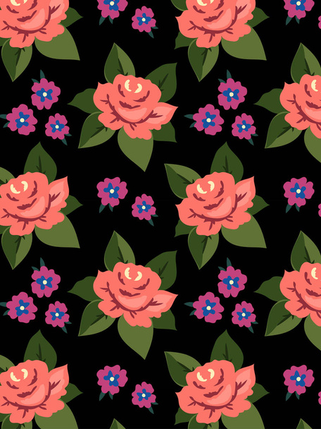 Vector pattern with bouquet of flowers on black background. Red, violet , pink and green. Floral graphic background with ethnic  motif. Ukrainian fancywork. - Vecteur, image