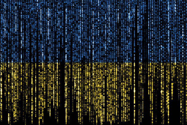 Zászló Ukrajna egy számítógép bináris kódok alá a tetejéről, és elhalványul. - Fotó, kép