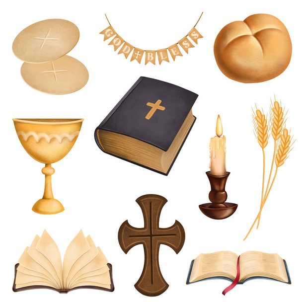 Religious clipart, illustration of a Bible, cross, bowl, candle and other religious elements; first communion and Easter clipart - Fotó, kép