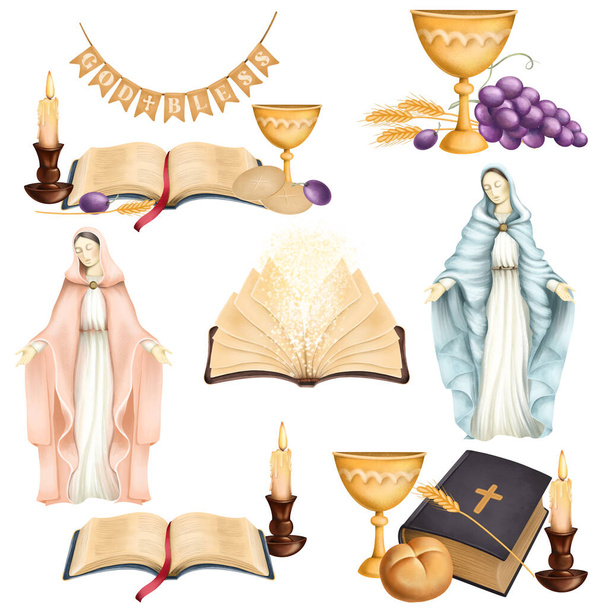 Clipart religieux, illustration d'une Bible, Vierge Marie, bougie et autres éléments religieux ; clipart de première communion - Photo, image