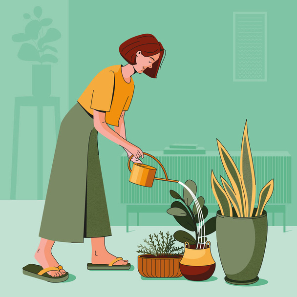 jovem mulher com plantas no projeto de ilustração vetorial jardim - Vetor, Imagem