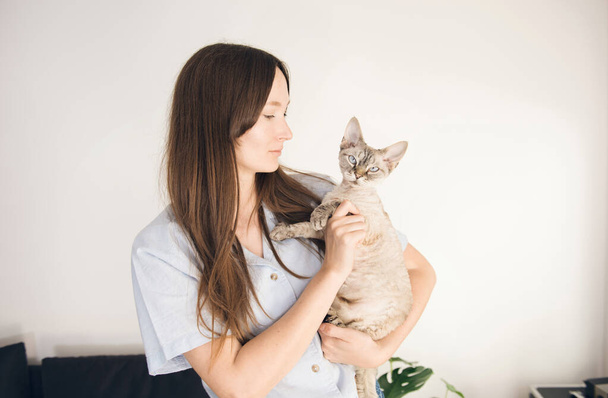 Young woman - pet sitter is looking after cute friendly cat while owner is away on travel. Holding and cuddling Devon Rex kitty at home interior. Feline feels safe and trusts the person. Breed with special hypoallergenic, no low shedding fur. - Valokuva, kuva