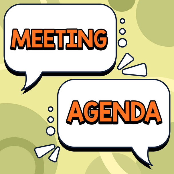 Bildunterschrift: Meeting Agenda, Word for An Agenda setzt klare Erwartungen für das, was zu einem Meeting gehört - Foto, Bild