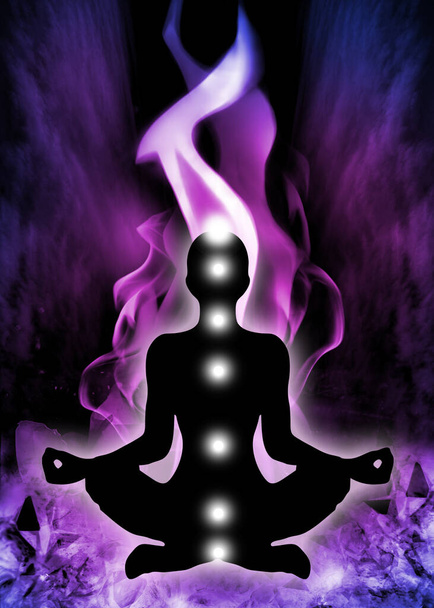 Human silhouette in yoga - lotus pose with 7 chakras positions and Violet Flame background. Supportive decor for meditation and chakra energy healing. - Photo, Image
