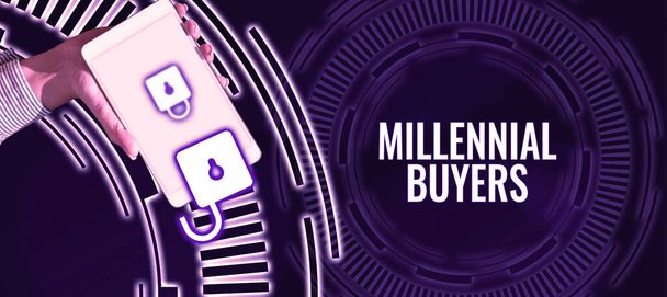 Sign displaying Millennial Buyers, Üzleti ötlet A trendi termékek iránt érdeklődő fogyasztók típusa - Fotó, kép
