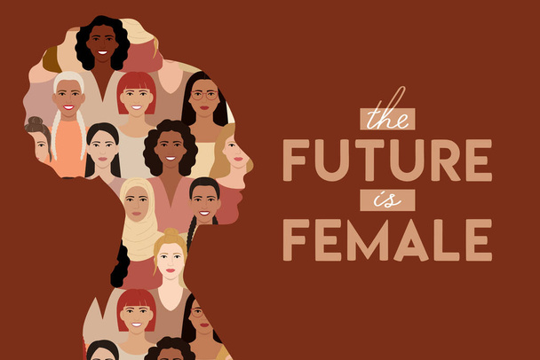 Woman face silhouette in profile with portraits of multicultural and multiethnic women faces inside. The future is female. Woman empowerment, girl power, feminism and sisterhood concept. - Vetor, Imagem