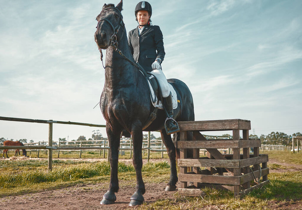 Sports, horse and equestrian with a woman jockey riding outdoor on a farm or ranch for horseback training. Nature, agriculture and field with a female athlete or rider on an animal for horesriding. - Foto, Bild