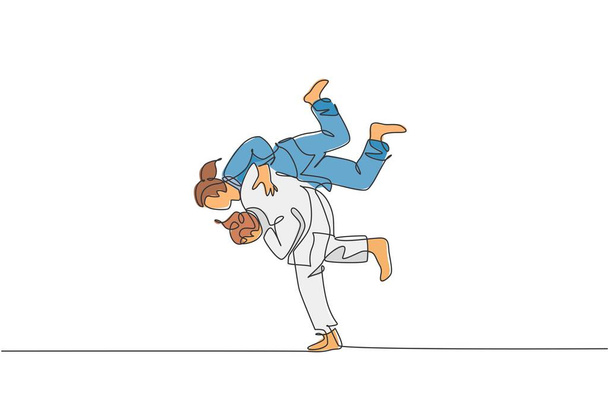 Singola linea continua disegnare due sport judoka combattente donne praticano abilità judo al centro di palestra dojo. Lotta jujitsu, concetto di sport aikido. Trendy una linea disegnare grafica grafica vettoriale illustrazione - Vettoriali, immagini