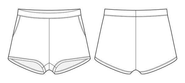 Pantalones cortos en blanco plantilla de diseño de boceto técnico. Pantalones cortos casuales con bolsillos. Una maqueta CAD. Al frente y atrás. Ilustración de vector de moda técnica - Vector, imagen