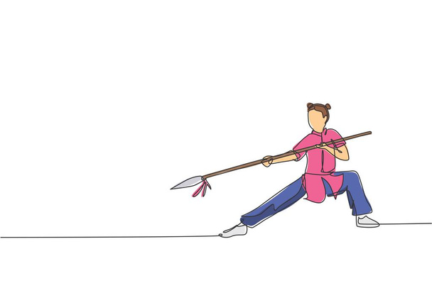 Una línea continua de dibujo del joven maestro wushu mujer kung fu guerrero en kimono con lanza en el entrenamiento. Concepto de concurso deportivo de arte marcial. Ilustración gráfica vectorial de diseño dinámico de una sola línea - Vector, imagen
