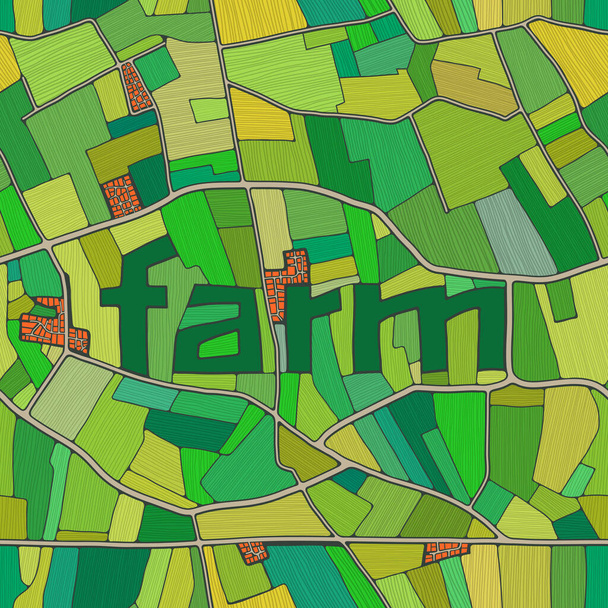 Top view of farmland colorful seamless vector pattern in different shades of green. Landscape background texture with fields, roads and village farm. - Vektori, kuva