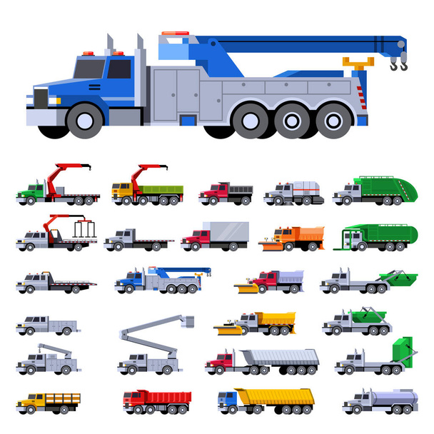 Městská správa pracovních vozů a vozového parku. Vektorové barevné sady ikon nákladních automobilů na bílém pozadí - Vektor, obrázek