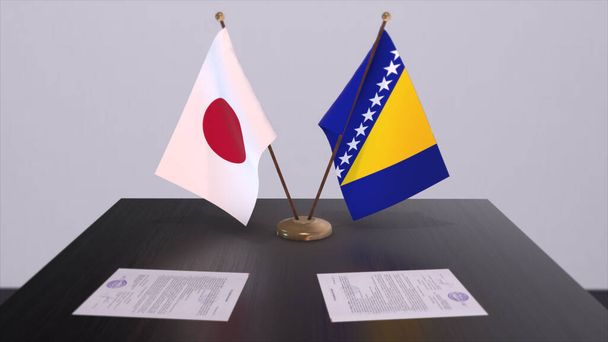 Bosnia and Herzegovina and Japan national flags, political deal, diplomatic meeting. Politics and business 3D illustration. - Fotó, kép