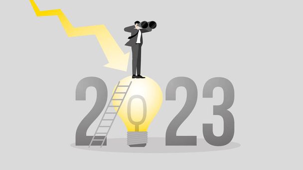 The global recession in the year 2023. A visionary businessman uses binoculars on a big light bulb, a down graph. Business ideas, problem-solving for financial crisis, economic downturn and inflation. - Wektor, obraz