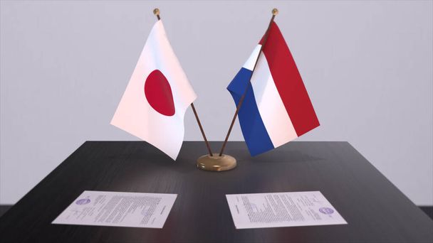 Netherlands and Japan national flags, political deal, diplomatic meeting. Politics and business 3D illustration. - Fotó, kép