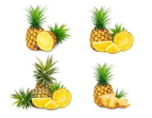 Ananasfrüchte vorhanden. Kollektion Bio-Ananas isoliert auf weißem Hintergrund. Ananas mit Schneideweg. Volle Tiefenschärfe. Sommerfrüchte für ein gesundes und natürliches Leben, - Foto, Bild