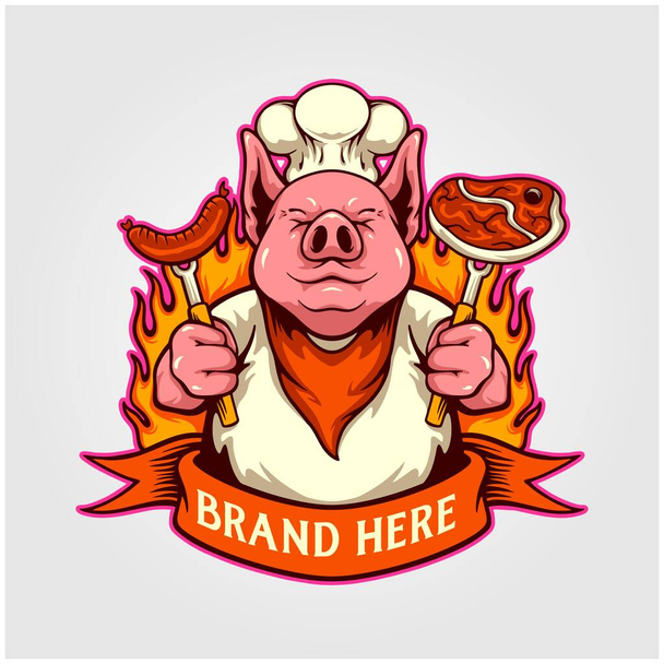 Cute chef pig delicious barbeque meat logo cartoon illustrations vector illustrations for your work logo, merchandise t-shirt, stickers and label designs, poster, greeting cards advertising business company or brands - ベクター画像
