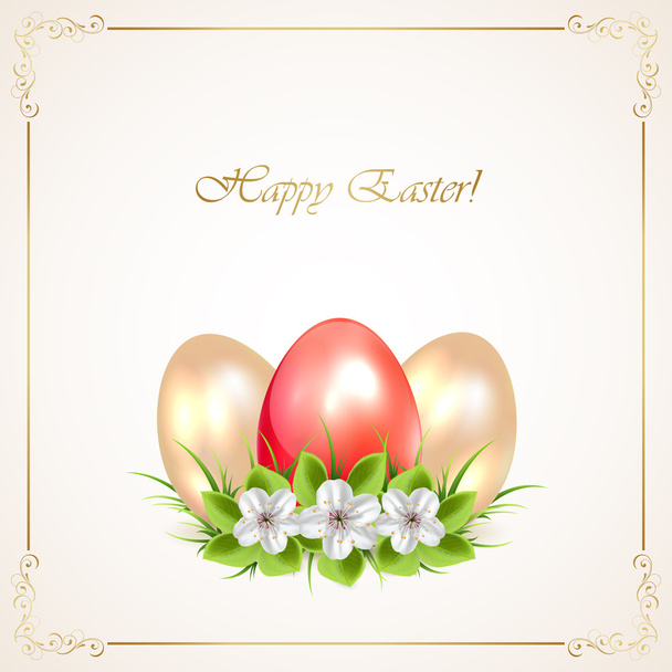 Red and golden Easter eggs with flowers - Vector, imagen