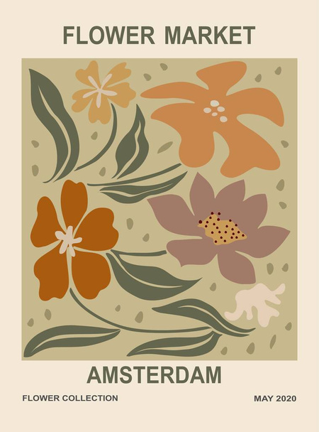 Абстрактний плакат Квітковий ринок Амстердам. Тендітне мистецтво ботанічної стіни з квітковим дизайном в зелених кольорах земляного тону. Сучасний наївний фанковий внутрішній живопис. Приклад вектора. - Вектор, зображення