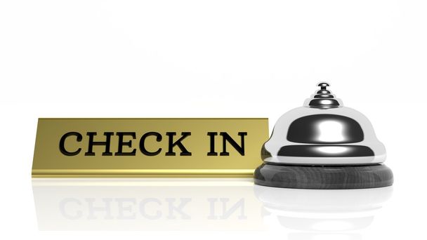 Hotelrezeption klingelt und Check-in-Karte isoliert auf weiß - Foto, Bild