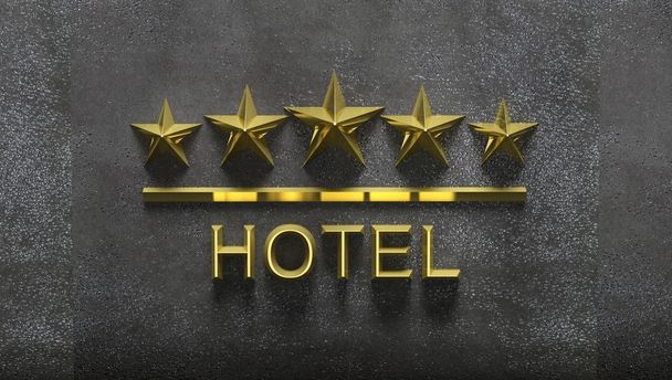 Cinco estrelas douradas e palavra Hotel em fundo cinza texturizado
 - Foto, Imagem
