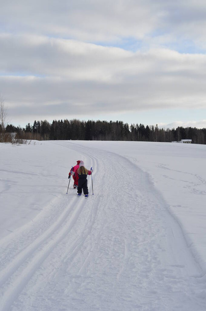Дві молоді дівчата катаються на лижах і гуляють взимку в країні чудес. Плоске катання хороше заняття для дітей у відпустці
. - Фото, зображення