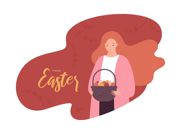 Easter egg concept. Vector modern flat illustration. Banner template. Woman hold basket of egg on red abstract shape frame with text. Design for happy easter day holiday, poster, invitation card. - Vector, imagen