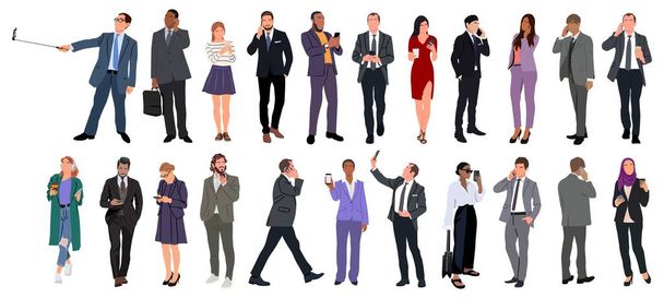 Set of diverse Business People with smartphones vector realistic illustrations isolated. Different poses, front, side, rare view. Men, women in formal, smart casual outfits using mobile phones.  - Vector, imagen