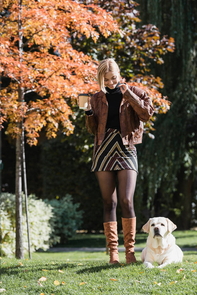 full length of happy blonde woman holding paper cup and walking with labrador in park  - Foto, imagen