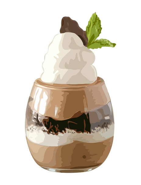 Panna cotta dessert in glass with chocolate and mint leaf. Traditional Italian desert, vector realistic illustration isolated on white background for menu, cards, recipe book, kitchen wall art. - Vektör, Görsel