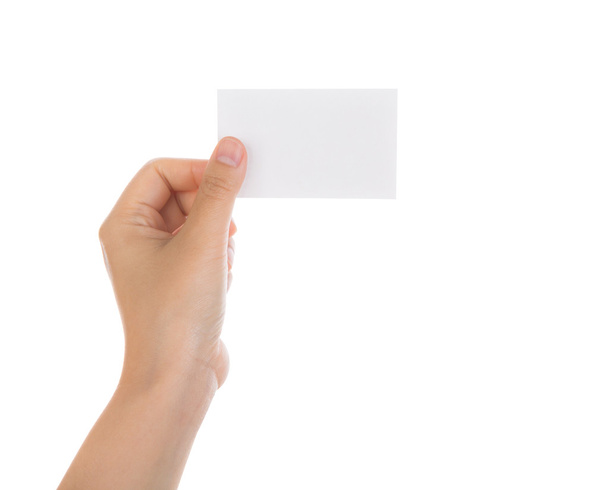 Women hand holding blank paper business card isolated on white b - 写真・画像