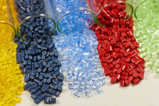 several colored plastic resins in test tubes in laboratory - Photo, Image