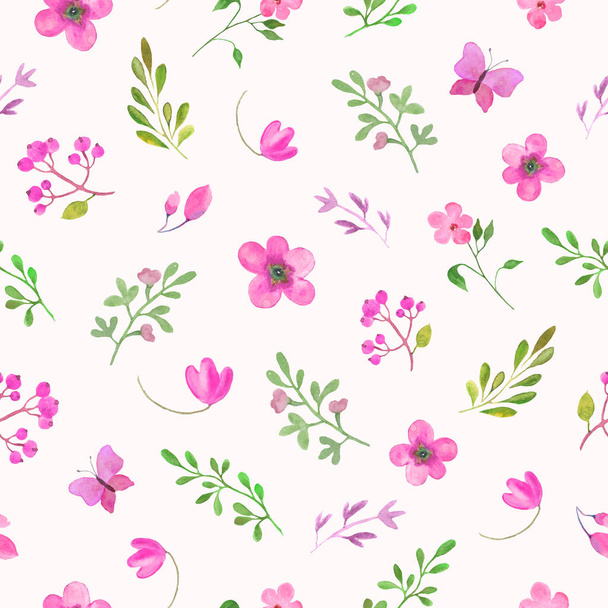 Υδατογραφία floral χωρίς ραφή μοτίβο με βαμμένα ροζ λουλούδια. Χειροποίητη απεικόνιση που απομονώνεται σε παστέλ φόντο. Διάνυσμα EPS. - Διάνυσμα, εικόνα