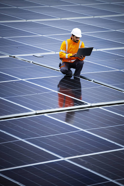 Professional worker with laptop computer controlling electricity production of solar power plant. - Photo, Image