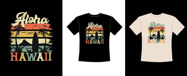T shirt grafica di design, Aloha Hawaii Tramonto estivo con palme e tavola da surf. Illustrazione luminosa colorata del vettore per il tee. - Vettoriali, immagini