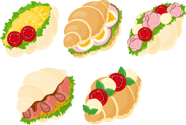 Le varie icone di delizioso e carino contorno di pane con uova e pomodoro e prosciutto e formaggio e arrosto di manzo e basilico e lattuga - Vettoriali, immagini