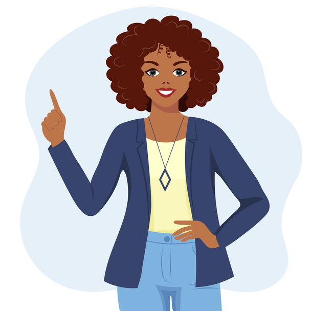 A black African American woman with a joyful expression raised her finger up. Human emotions. Flat style illustration, vector - Wektor, obraz