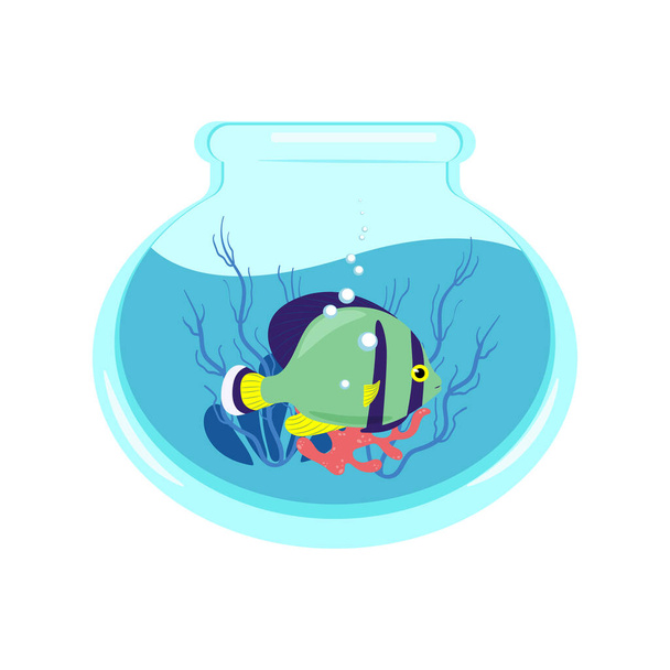 Brightly colorful fish in an aquarium with corals and algae, vector illustration of an aquarium in a flat style. Print for clothes. - Vector, Image