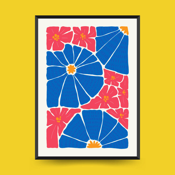 Plantilla de carteles florales abstractos. Moderno estilo minimalista Matisse de moda. Colores rosa y azul. Diseño dibujado a mano para el papel pintado, decoración de la pared, impresión, tarjeta postal, cubierta, plantilla, bandera.  - Vector, Imagen