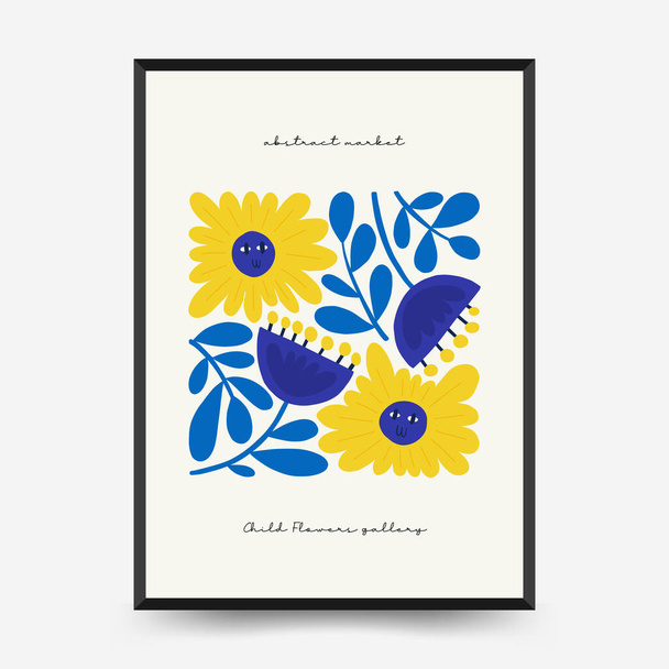 Abstrakcyjny wzór plakatów kwiatowych. Nowoczesny modny styl minimalny Matisse. Różowe i niebieskie kolory. Ręcznie rysowany projekt tapety, dekoracji ścian, nadruku, pocztówki, okładki, szablonu, banera.  - Wektor, obraz