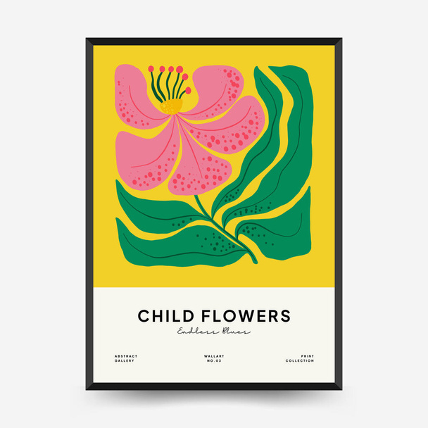 Abstrakcyjny wzór plakatów kwiatowych. Nowoczesny modny styl minimalny Matisse. Różowe i niebieskie kolory. Ręcznie rysowany projekt tapety, dekoracji ścian, nadruku, pocztówki, okładki, szablonu, banera.  - Wektor, obraz