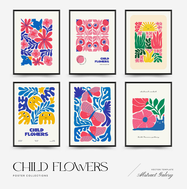 Absztrakt virágos poszter sablon. Modern trendi Matisse minimális stílus. Rózsaszín és sárga színek. Kézzel rajzolt design tapéta, faldekoráció, nyomtatás, képeslap, borító, sablon, banner.  - Vektor, kép