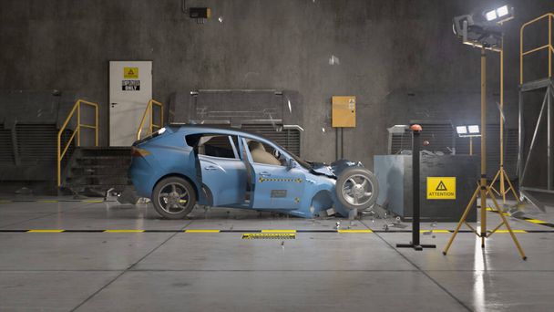 3D анимация экологически чистых электромобилей экспериментальных краш-тестов в лаборатории. Имитация ДТП. Проверка автомобиля нового поколения для проверки и изменения параметров безопасности. - Фото, изображение